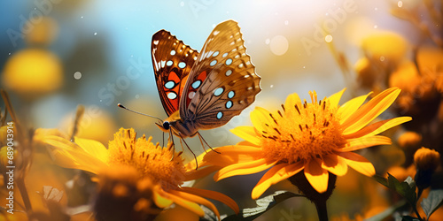 Colorful Zerynthia rumina butterfly An artful composition as a butterfly rests on the flower with bokeh sun light background Ai Generative © Mubarra