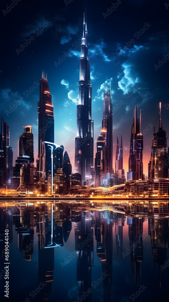A dramatic futuristic city skyline with illuminated skyscrapers in a metropolitan setting