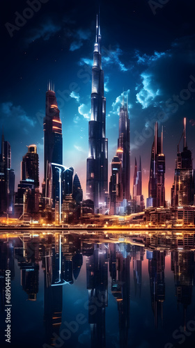 A dramatic futuristic city skyline with illuminated skyscrapers in a metropolitan setting