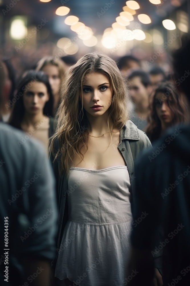 young woman walking in a bad mood through the crowd young woman walking in a bad mood through the crowd