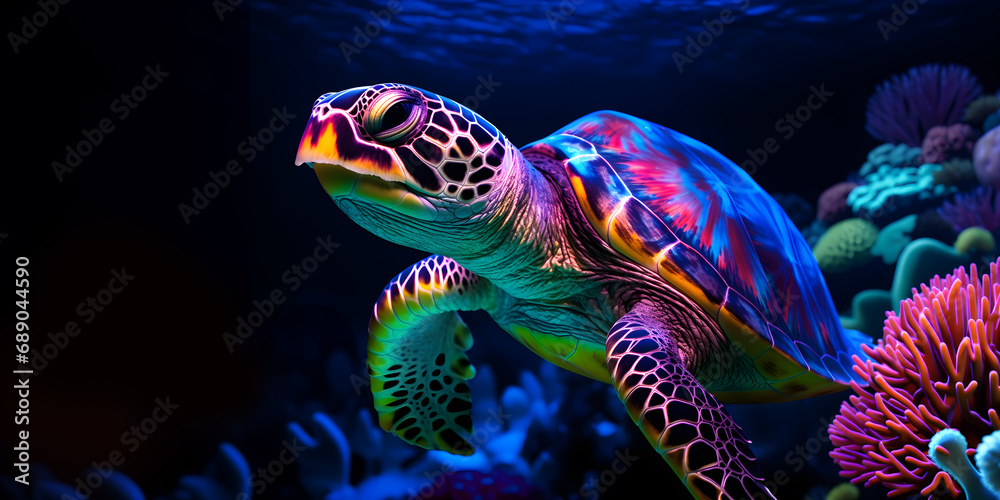 Hawaiian Green Sea Turtle on undersea corals dark background in glowing neon light, UV blacklight Hawaiian Green Sea Turtle on undersea corals dark background in glowing neon light, UV blacklight