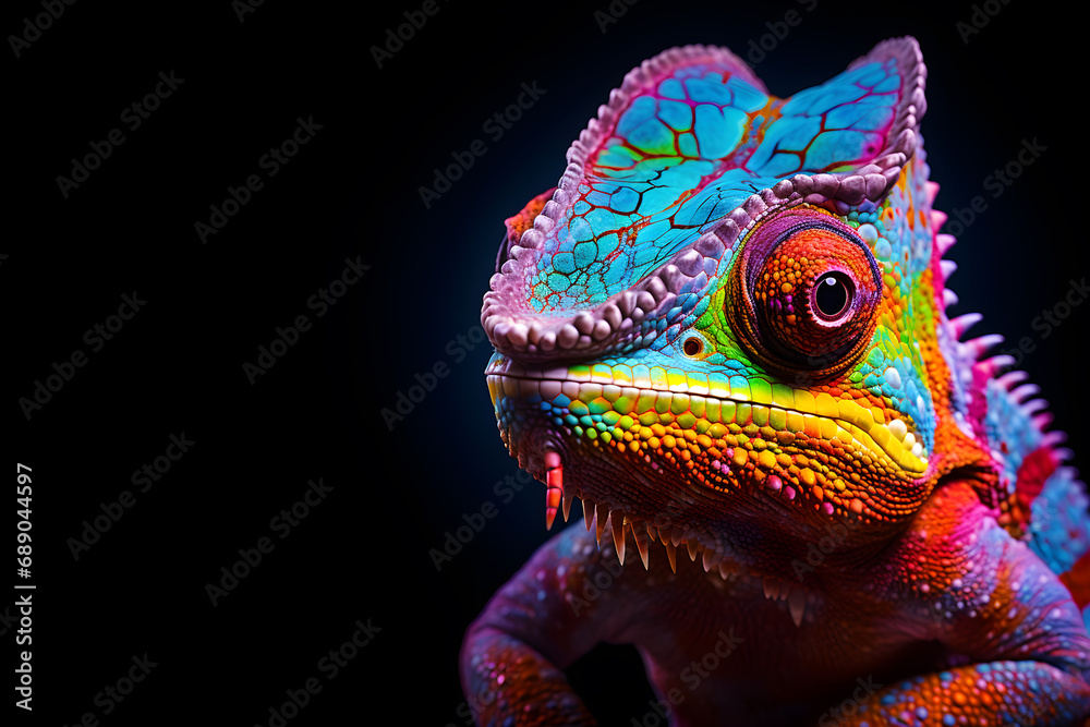 Obraz premium Closeup of a colorful chameleon on isolated black background in glowing neon UV blacklight