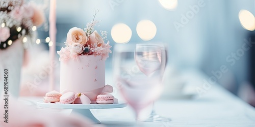 A delicious white and pink dessert table decorated with flowers and cake is a delightful decoration for celebrations and events. photo