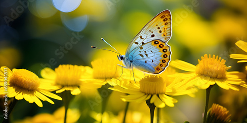 Butterfly On Yellow Flower Image Vibrant Nature Butterfly Image butterfly with yellow flowers and green blur bokeh background Ai Generative © Hafiz