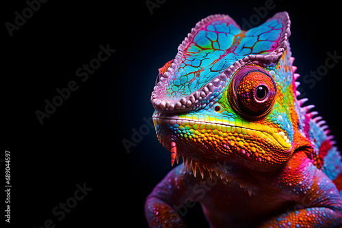 Closeup of a colorful chameleon on isolated black background in glowing neon UV blacklight