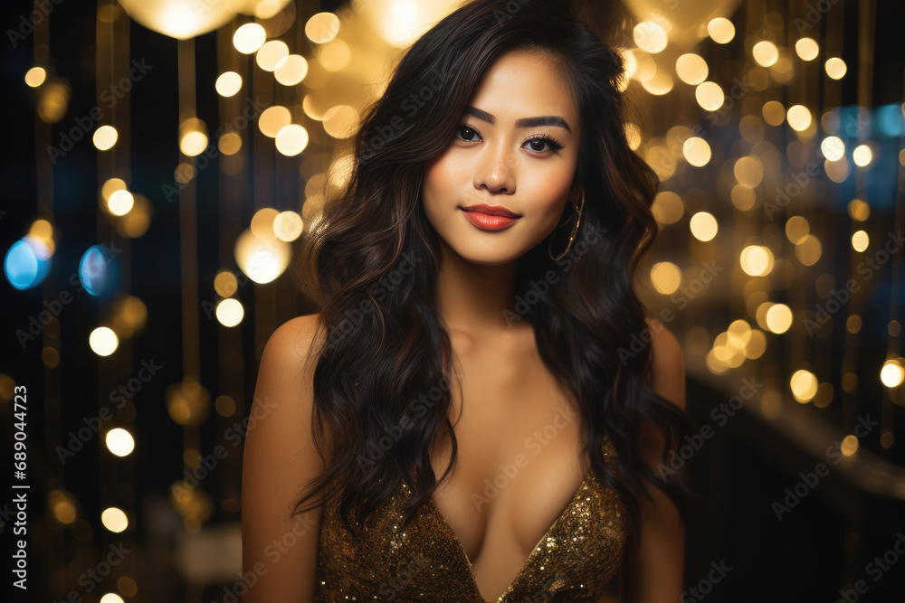 beautiful asian woman smiling wearing a golden dress at night clubs