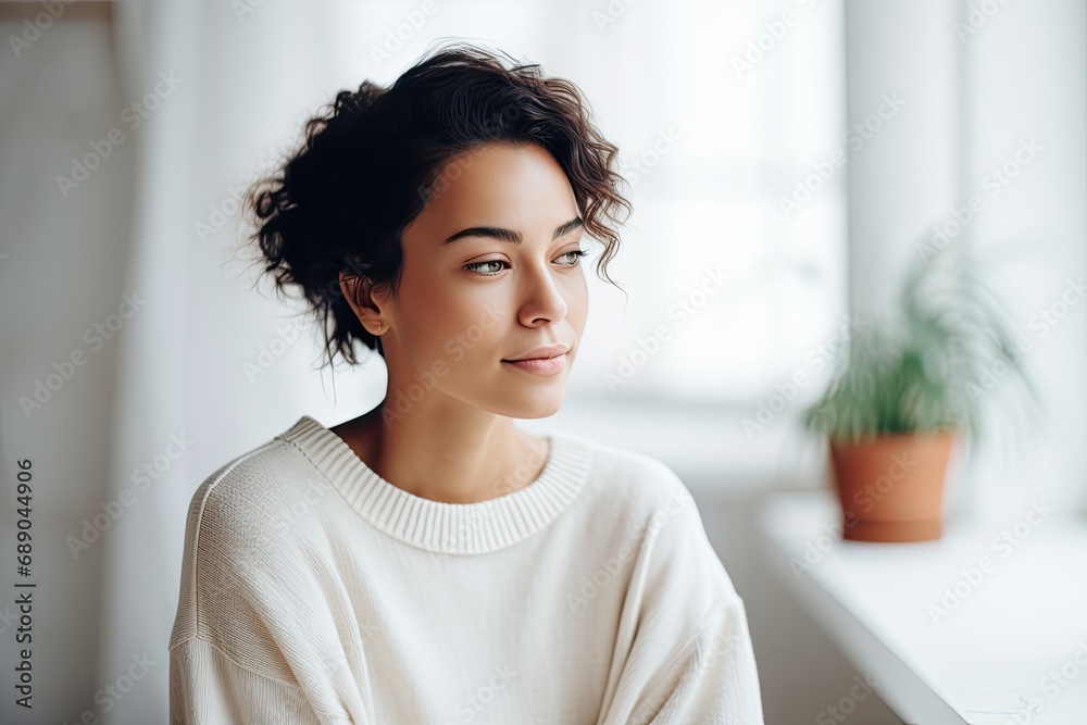 Portrait of a young and confident woman with a stylish hairstyle, showing natural beauty and a thoughtful expression on her face. Portrait of a young and confident woman with a stylish hairstyle, showing natural beauty and a thoughtful expression on her face.