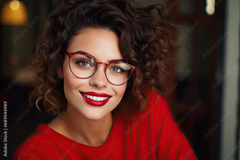 Attractive and happy young woman wearing stylish glasses, showing a fashionable and confident look. Attractive and happy young woman wearing stylish glasses, showing a fashionable and confident look.