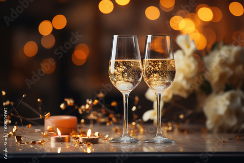 Two glasses with sparkling champagne. Concept of celebration and luxury.
