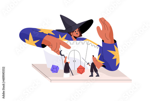 Dungeon and dragons boardgame with dice. Adventure role playing game. DnD master in magic costume, pointed hat plays. Miniature figures on board. Flat isolated vector illustration on white background