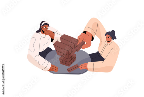 Jenga board game. Happy people building tower of wooden blocks, bricks. Management strategy concept. Fun strategic boardgame for friends. Flat isolated vector illustration on white background