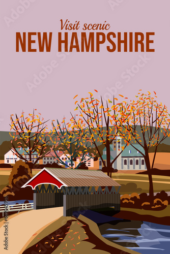 New Hampshire USA Travel Poster, autumn rural landscape