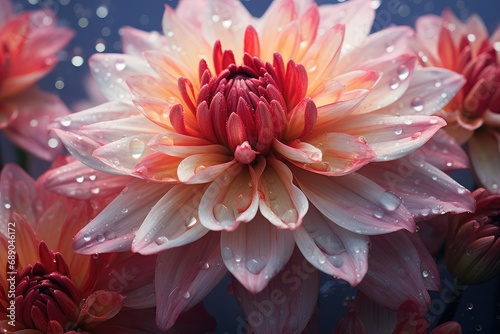 Beautiful pink dahlia flower with water drops on dark background, Beautiful dahlia flowers in the garden, Dahlia petals are red and white with drops of morning dew