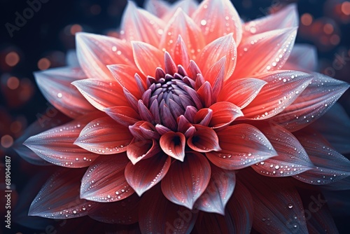 Beautiful white red dahlia flower with dew drops on petals, Multi-color flower. Wallpaper with a beautiful flower, pink dahlia flower close up with dew drops on petals © Jahan Mirovi