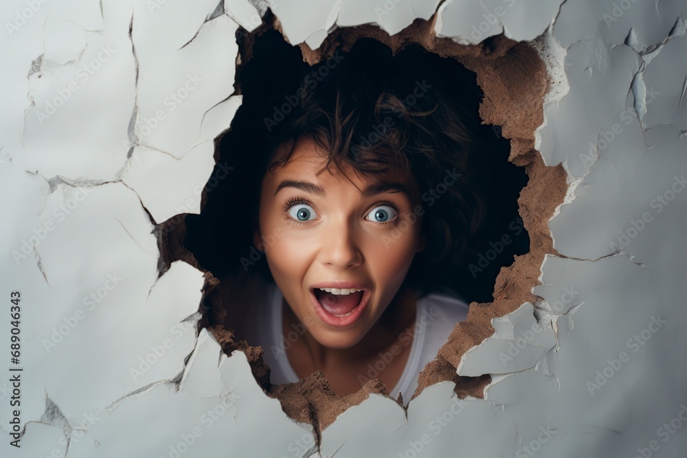 surprised woman looking through a hole in the wall - obrazy, fototapety, plakaty 