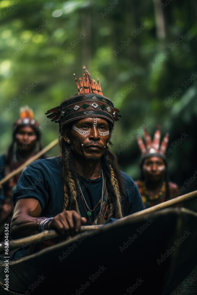Some indigenous people from a tribe fishing with their canoe in a jungle river