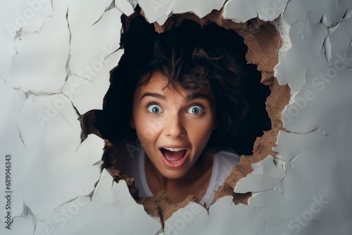 surprised woman looking through a hole in the wall photo