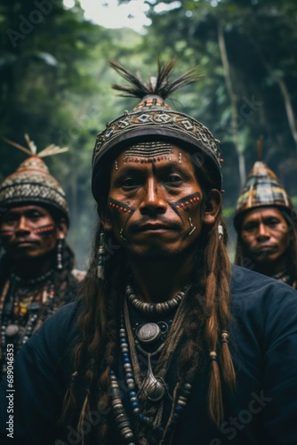 Portrait of three indigenous people from a jungle tribe with traditional clothing and paintings