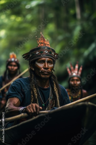 Some indigenous people from a tribe fishing with their canoe in a jungle river photo