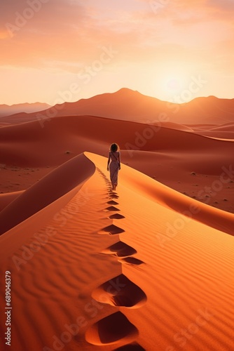Pretty woman walking alone in the desert