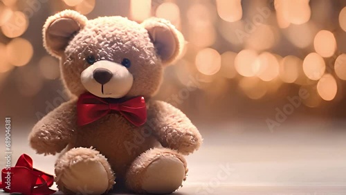 Cute teddy bear with red bow and bokeh lights in the background, banner with copy space. Sparkling lights moving around photo