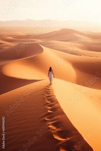 A young lonely beautiful woman walking in the desert dunes photo