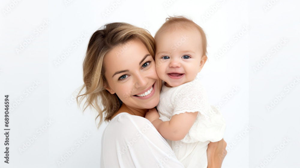 Portrait of happy mother embracing her baby girl isolated on white background. Portrait of happy mother embracing her baby girl isolated on white background.
