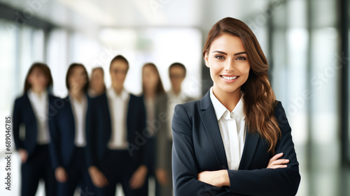 smiling business woman in office with a team behind