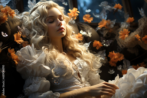 Sleeping beauty. A beautiful blonde girl in a white dress is sleeping among the flowers.