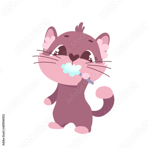 The cat brushes his teeth. Care and washing of cats. Cat care. Cute cartoon cat. Design of a grooming salon, veterinary clinic. photo