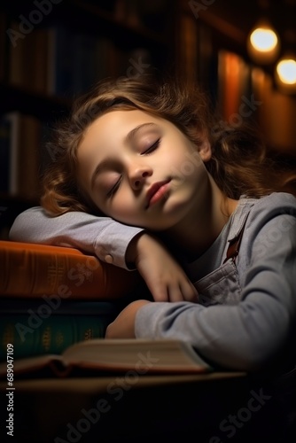 girl falls asleep while doing homework at home