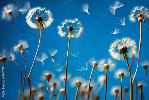  flying dandelion seeds on a blue background-