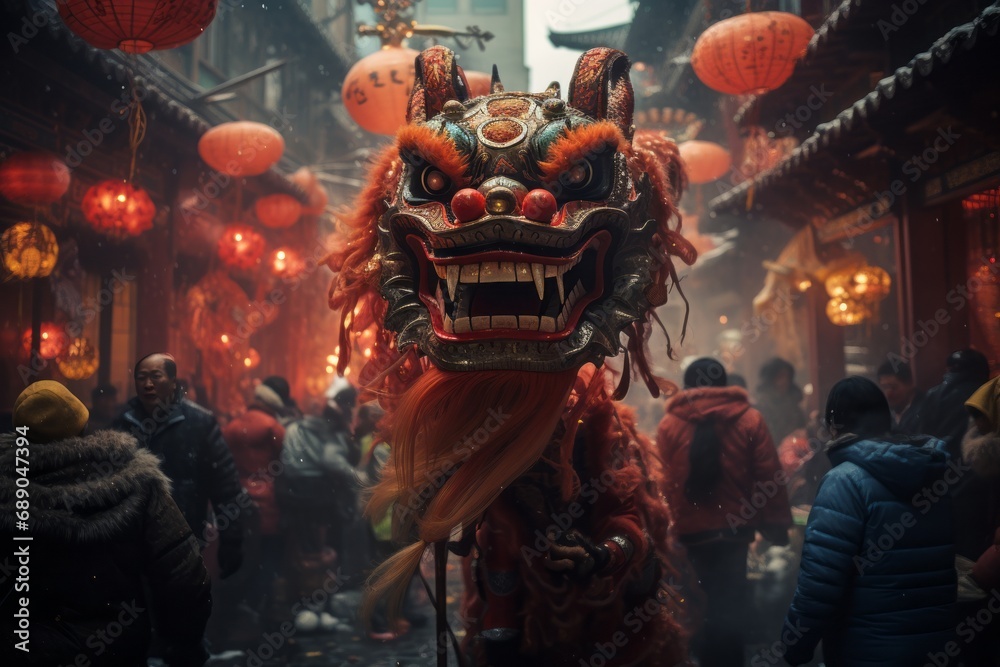 Naklejka premium Vibrant Chinese New Year Celebration in a Bustling City