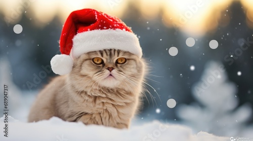 Cat in a red Santa Claus hat.