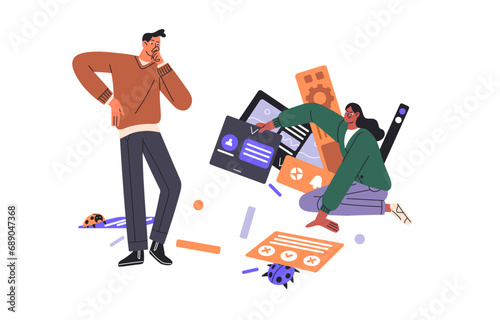 Design review concept. Designer, tester find, fix bugs. People thinking about problems of bad UI in app interface. Usability testing. Programming flat isolated vector illustration on white background