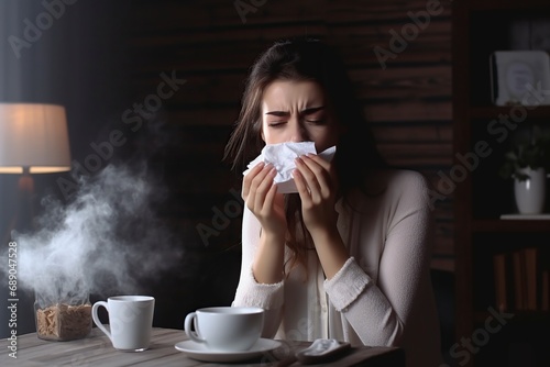 sick woman with flu drinking hot tea and medicine