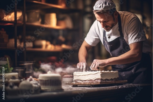 a baker decorating a cake