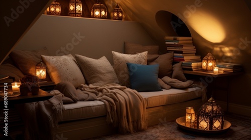 Cozy reading nook for at night with a background of soft lighting and text area for Pro Photo © Rafia