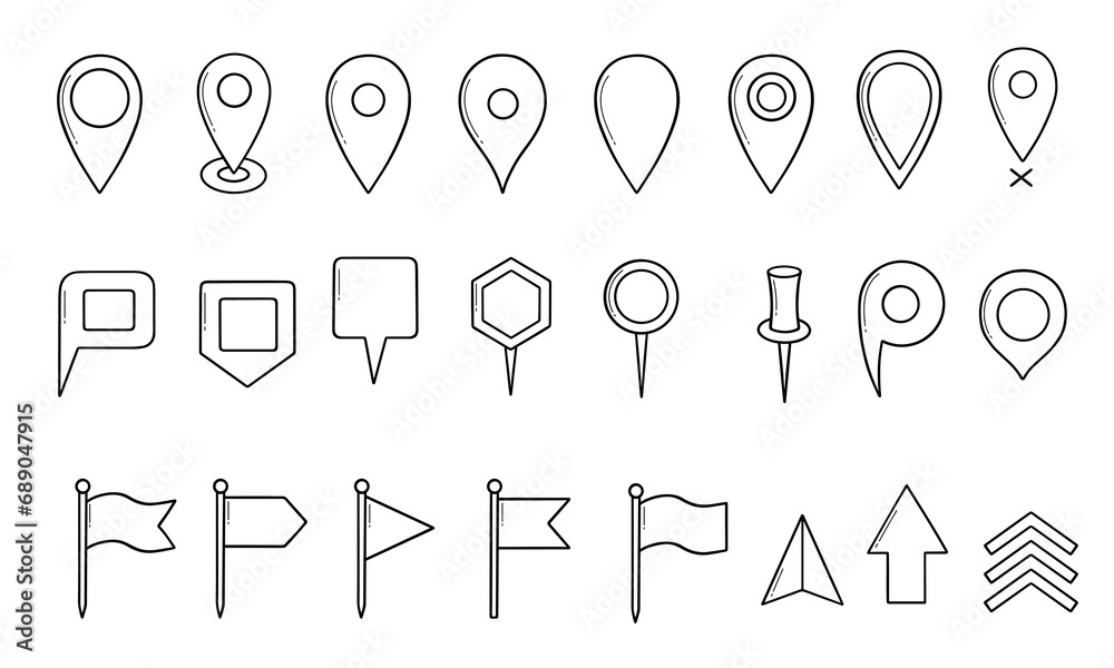 Map pins doodle set. Navigation sign, location pointers, flags, tags and markers in sketch style. Hand drawn vector illustration isolated on white background Map pins doodle set. Navigation sign, location pointers, flags, tags and markers in sketch style. Hand drawn vector illustration isolated on white background
