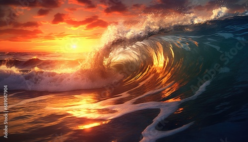 Sea wave landscape and sunset sky background.