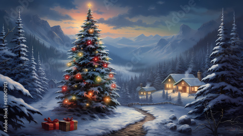 one of the most beautiful christmas landscapes in the world is this christmas tree with snowy mountains and gift in snow scene, in the style of speedpainting, dark teal and light red photo