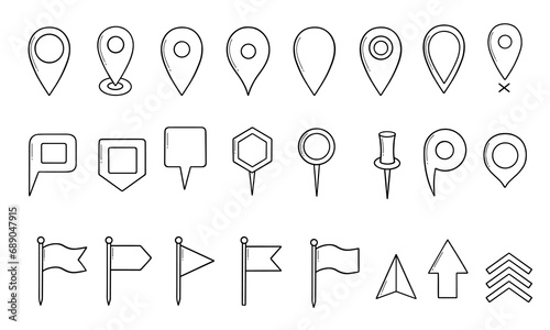 Map pins doodle set. Navigation sign, location pointers, flags, tags and markers in sketch style. Hand drawn vector illustration isolated on white background