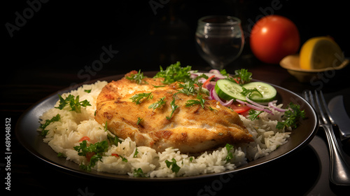 one chicken escalope served with basmati rice and salad