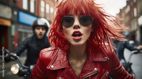 Closeup of a redhead fashion woman  leather jacket and sunglasses driving a motorcycle with her friends through the city streets. Fun and friendship concept. Generative Ai