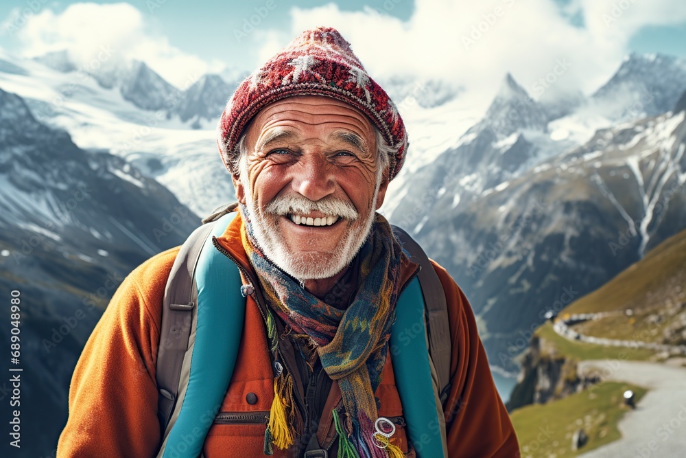 old man in the alps on vacation smiling happy