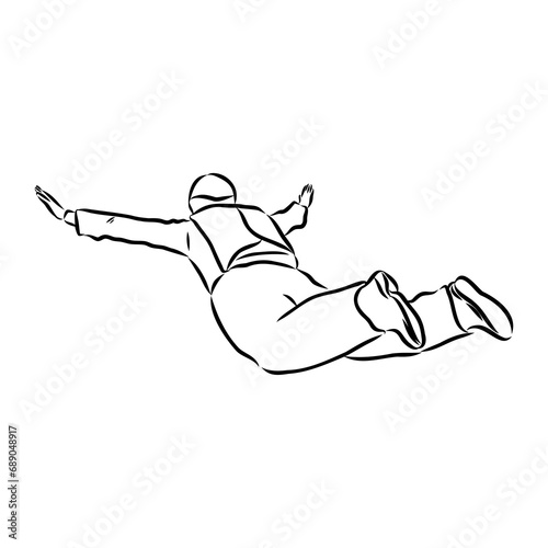 Hand drawn sketch of wingsuit in black isolated on white background.