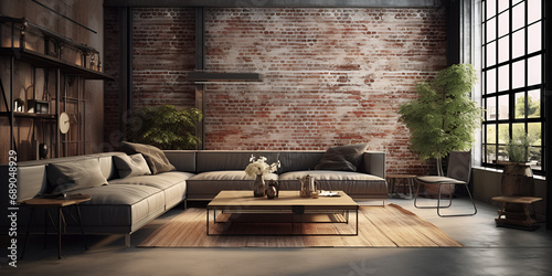 Parede de tijolos expostos em estilo industrial , living room with fireplace ,Loft Living Room Interior Design ,cozy living room with a rustic brick wall and a comfortable blue couch. Generative AI photo