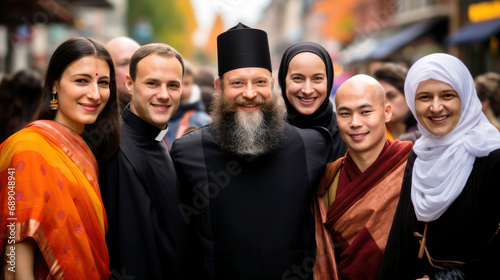 Portrait of smiling multinational people different religions stand together. National Religious Freedom Day. January 16. Holiday concept. Template for background, banner, card, poster and wallpaper photo