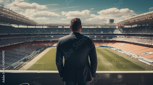 a chubby sports agent in a suit seen from behind as he's looking out at an empty stadium © l1gend