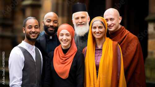 People different religions: judaism, catholic, islam, hinduism, christian and buddhism stand together. National Religious Freedom Day concept. Design for greeting card poster and horizontal banner photo